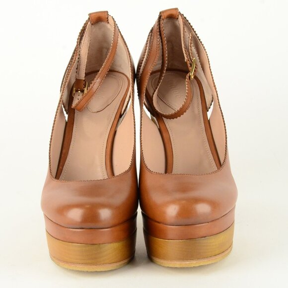 CHLOE SHOES TAN LEATHER ANKLE STRAP WOODEN PLATFORM PUMPS sz 40.5 10.5 - Picture 4 of 8